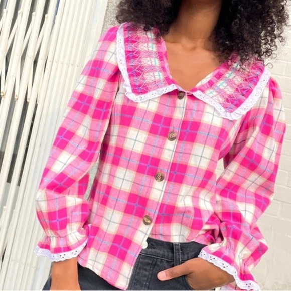 TACH Pink Plaid Ruffle Button Down Shirt Top Blouse - Picture 3 of 9